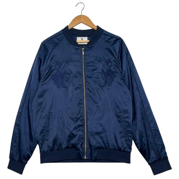 Standard Issue Jacket Mens Medium Blue Embroidered Tiger Bomber Satin Zip Rare - Picture 1 of 16